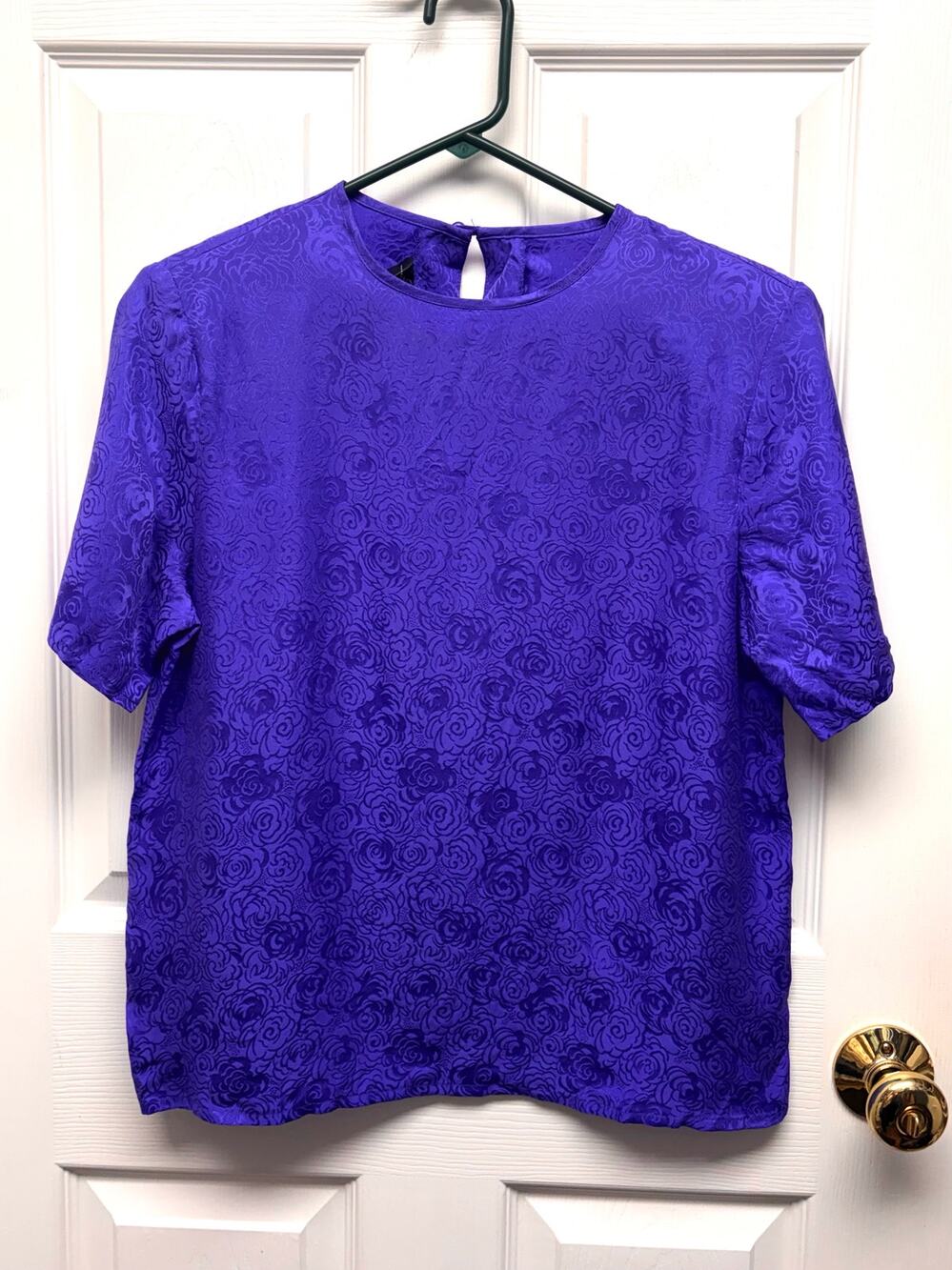 Laura & Jayne Blouse 100% Silk Purple Floral Jacquard Vintage Style Size S